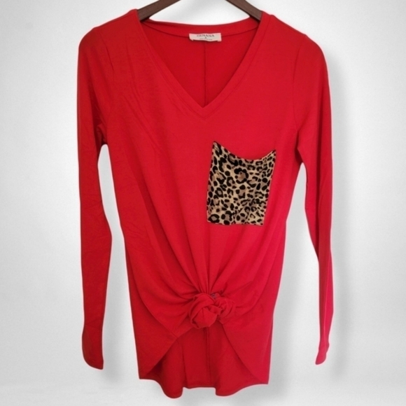 Zenana Red Long Sleeve Top Leopard Animal Print Pocket Women's Large L EUC - Picture 2 of 8